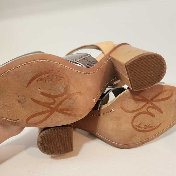 Sam Edelman "Yelena" Metallic Mirror Strap Nude Chunky Block Heels - Picture 10 of 12